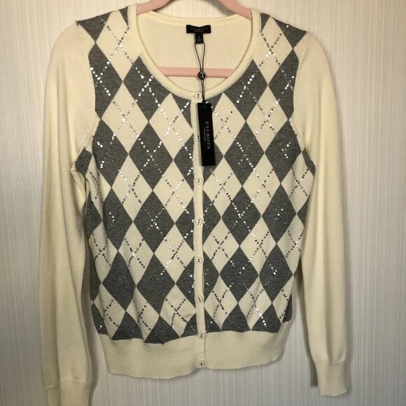 NWT TALBOTS Long Sleeve Eggshell/Gray Argyle Cotton Blend Sweater Size S - Picture 1 of 5